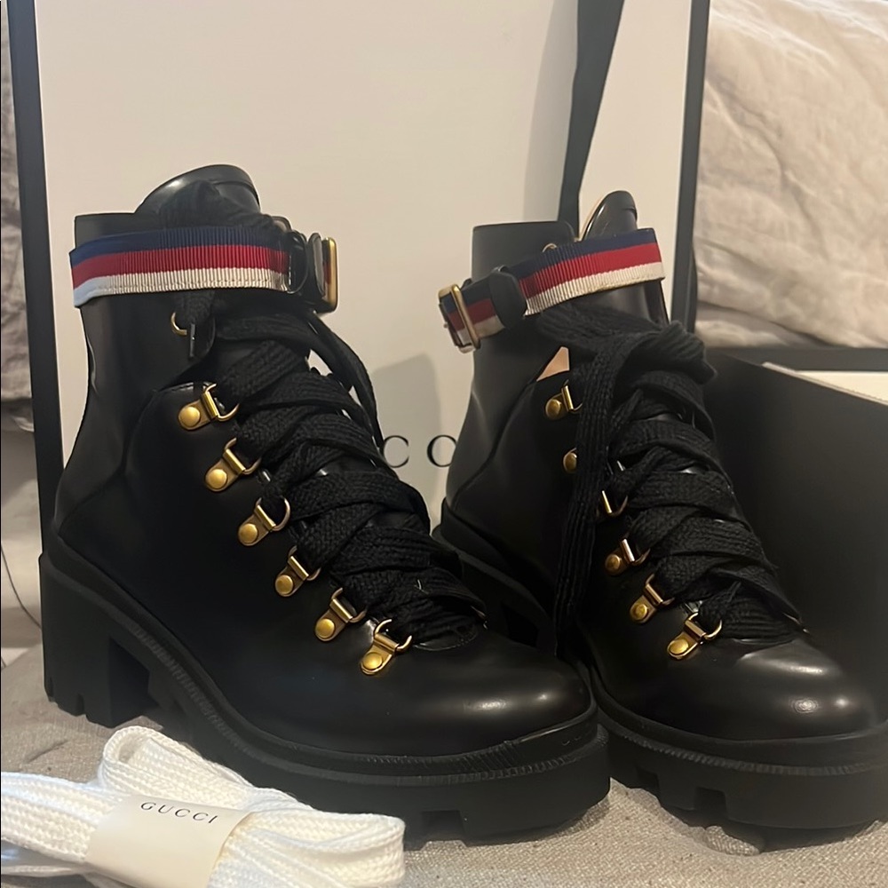 Gucci Black and Gold Lace Up Boots with Chunky Sole 7.5